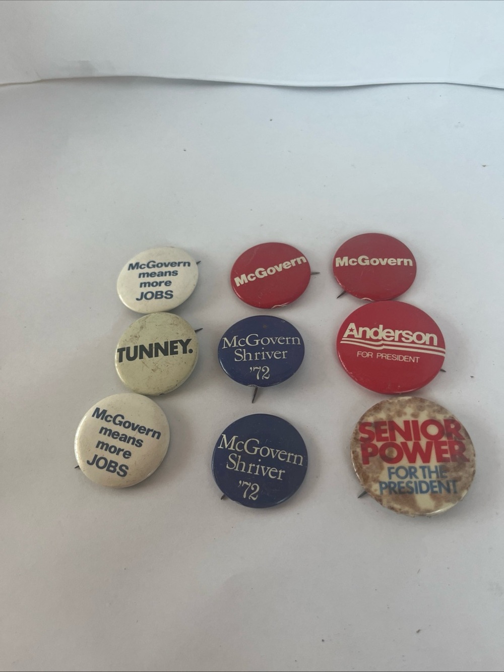 Vintage 1972 McGovern Shriver Campaign Pinback Buttons - Red, Blue, White